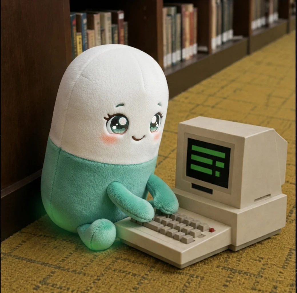 pumpdesk at his desk between two shelves, both paws on a beige keyboard